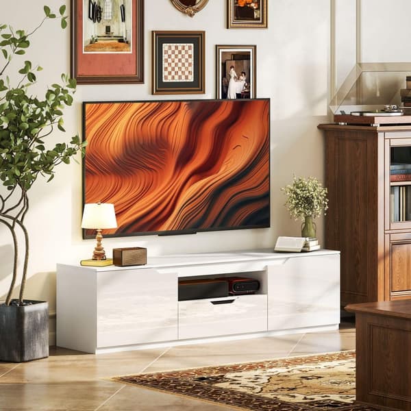 TV-skap lowboard med 2 dører, skuff, 160 cm langt TV-stativ for TVer opp til 65 tommer, TV-bord med kabelføring for stue, hvit