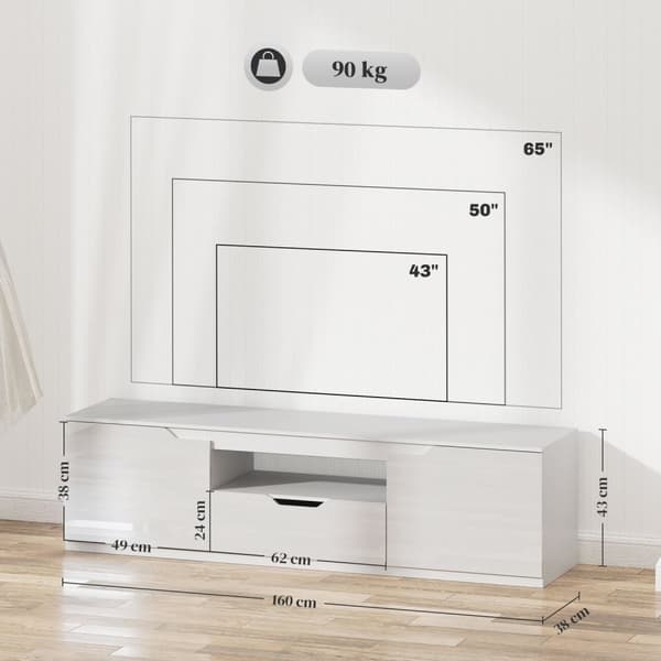 TV-skap lowboard med 2 dører, skuff, 160 cm langt TV-stativ for TVer opp til 65 tommer, TV-bord med kabelføring for stue, hvit