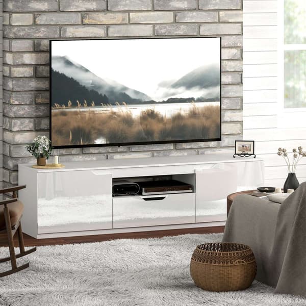 TV-skap lowboard med 2 dører, skuff, 160 cm langt TV-stativ for TVer opp til 65 tommer, TV-bord med kabelføring for stue, hvit