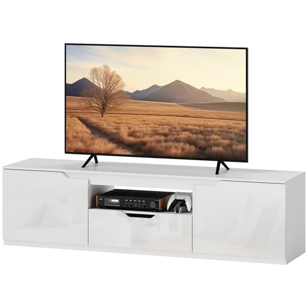 TV-skap lowboard med 2 dører, skuff, 160 cm langt TV-stativ for TVer opp til 65 tommer, TV-bord med kabelføring for stue, hvit