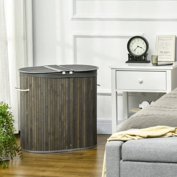 Bamboo Laundry Basket Kannen 100L Pyykkihaku kahvoilla, 2 Irrotettavat Pesulapussit, Pyykinlajittelija Pesutupa, Kylpyhuone, Makuuhuone, Harmaa