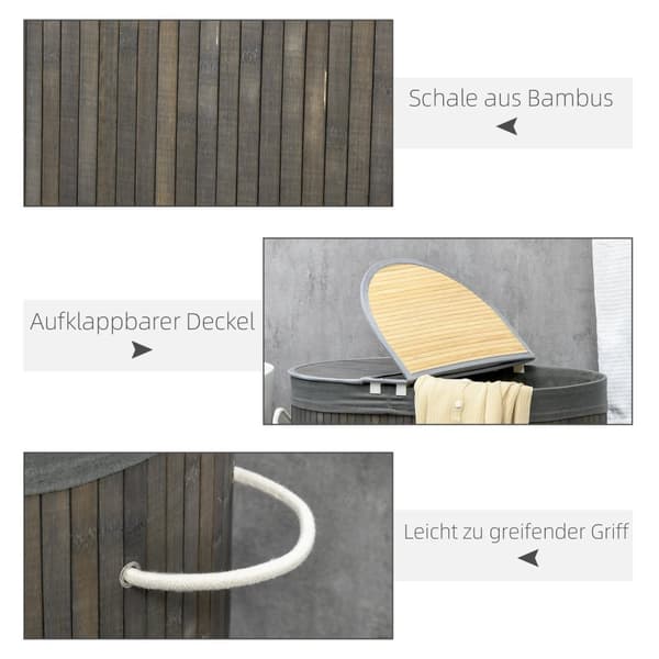Bamboo Laundry Basket Kannen 100L Pyykkihaku kahvoilla, 2 Irrotettavat Pesulapussit, Pyykinlajittelija Pesutupa, Kylpyhuone, Makuuhuone, Harmaa