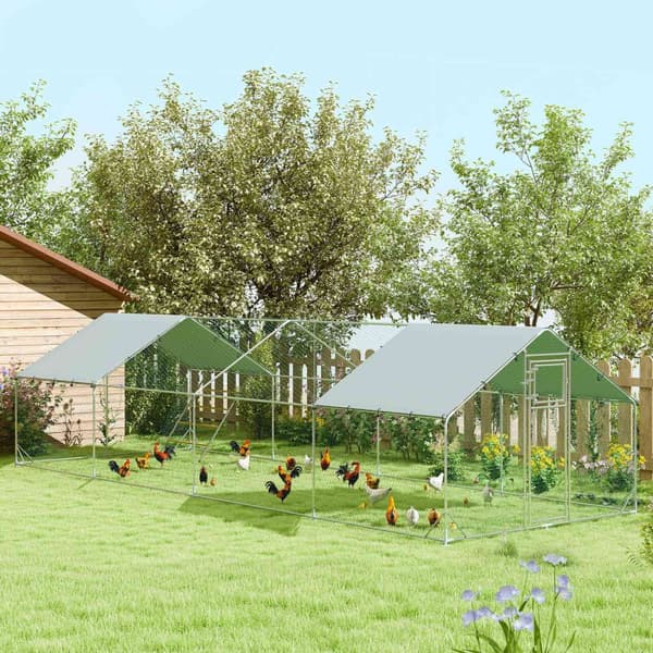 Fritgående hønsehus af stål, 300 x 800 x 195 cm hønsebur med UV-bestandigt betræk, foderdør, hængefodring, aborre, hønseindhegning til 24-30 høns, små