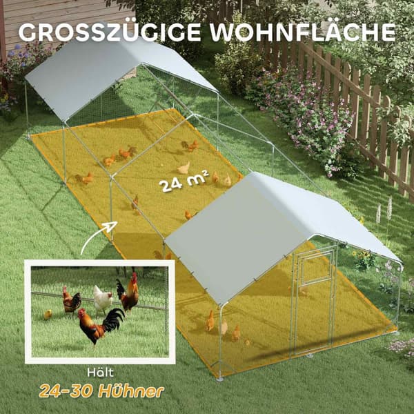 Fritgående hønsehus af stål, 300 x 800 x 195 cm hønsebur med UV-bestandigt betræk, foderdør, hængefodring, aborre, hønseindhegning til 24-30 høns, små