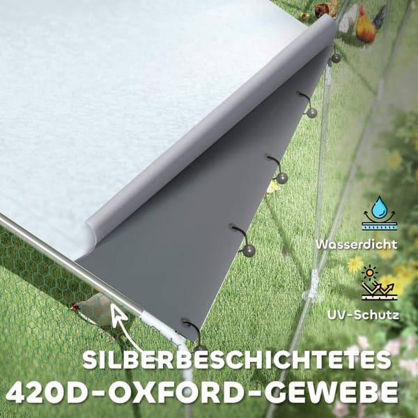 Fritgående hønsehus af stål, 300 x 800 x 195 cm hønsebur med UV-bestandigt betræk, foderdør, hængefodring, aborre, hønseindhegning til 24-30 høns, små