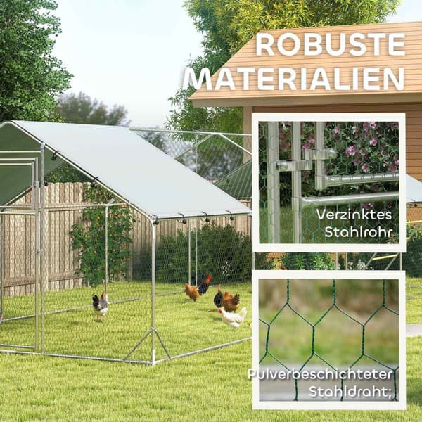 Fritgående hønsehus af stål, 300 x 800 x 195 cm hønsebur med UV-bestandigt betræk, foderdør, hængefodring, aborre, hønseindhegning til 24-30 høns, små