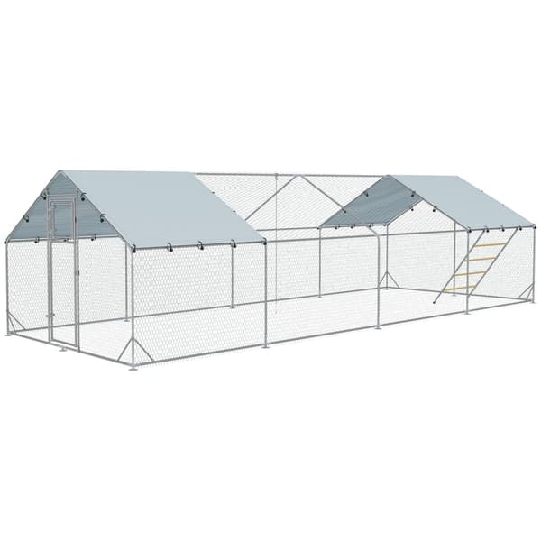 Fritgående hønsehus af stål, 300 x 800 x 195 cm hønsebur med UV-bestandigt betræk, foderdør, hængefodring, aborre, hønseindhegning til 24-30 høns, små