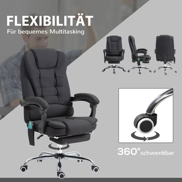 Työtuoli hierontatoiminnolla, ergonominen työtuoli kallistus- ja lämmitystoiminnolla, korkeussäädettävä tietokonetuoli jalkatuella, sivutasku ja kauko