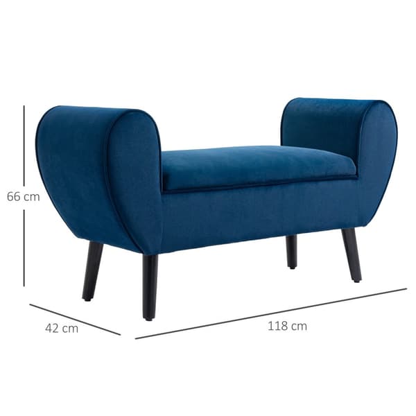 Benk med oppbevaringsplass, polstret benk med fløyelslook, armlen, sengebenk med treben, til stue, soverom, gang, 118 x 42 x 66 cm, mørkeblå