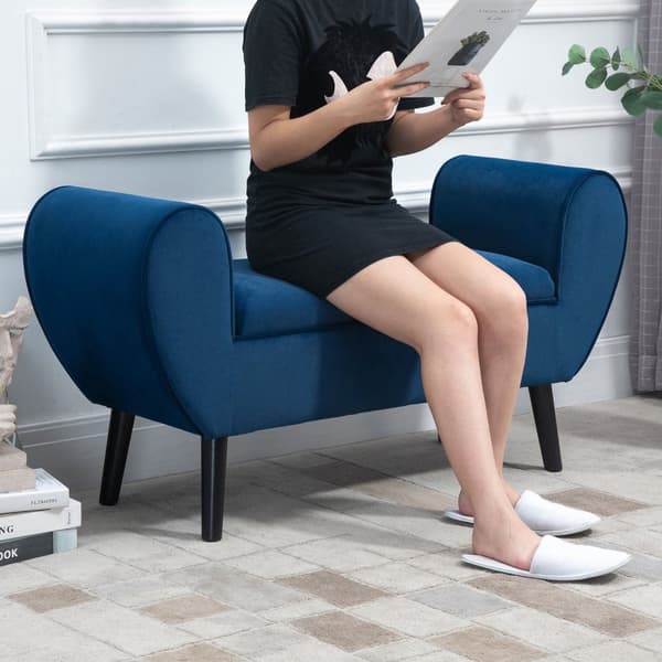 Benk med oppbevaringsplass, polstret benk med fløyelslook, armlen, sengebenk med treben, til stue, soverom, gang, 118 x 42 x 66 cm, mørkeblå