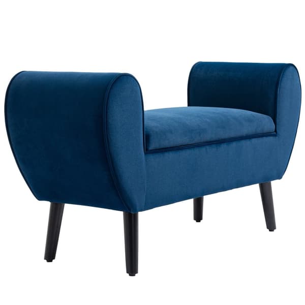 Benk med oppbevaringsplass, polstret benk med fløyelslook, armlen, sengebenk med treben, til stue, soverom, gang, 118 x 42 x 66 cm, mørkeblå