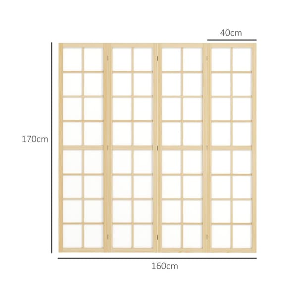 Skærm 4-delt 160 x 170 cm skillevæg rumdeler, foldbar rumdeler, privat skærm til stue, natur