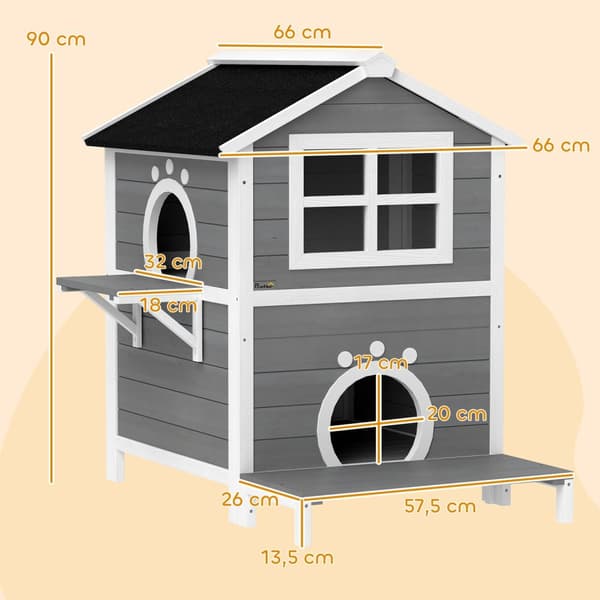 Puinen kissatalo Kissaluola ikkunalla Säänkestävä kissatalo 2-tasolla irrotettavalla pohjalla 1-2 kissalle Sisällä ulkona 66 x 66 x 90 cm Harmaa
