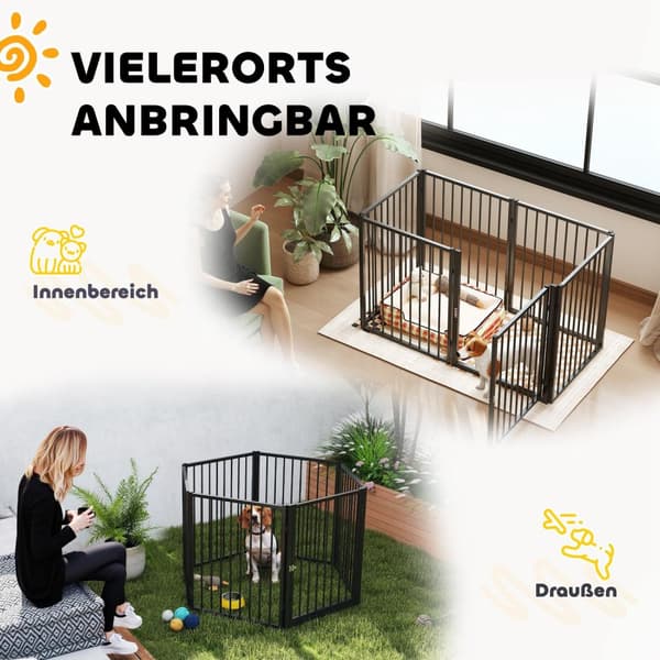 Puppy Run 76 cm høy, 6-delers valp lekegrind med dør, Outdoor Run Hunde lekegrind for små til mellomstore hunder, kaniner, marsvin, stål, svart