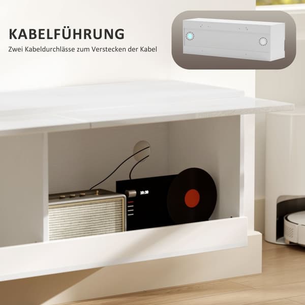 TV-hængende skab med farverig LED-belysning, 16 blinktilstande, vægmonteret tv-skab, kommode, åbne hylder, 120 x 35 x 40,5 cm, højglans hvid