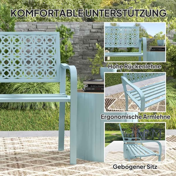 2-seters hagebenk, værbestandig benk, hagemøbler med rygg og armlener, parkbenk 240kg lastekapasitet, balkongbenk for balkongterrasse, hage, 127 x 63