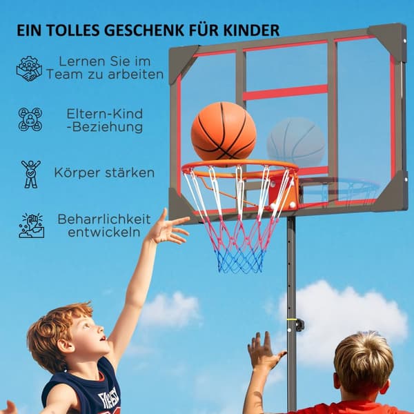 Udendørs basketballkurv til børn, 210-260 cm højdejusterbar basketballstander med hjul, basketballsystem med stativ til børn fra 6 år og derover, rød