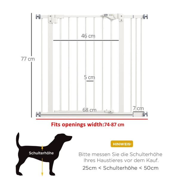Dörrsäkerhetsgrind för hundar, spärrgrind, 74-87 cm, trappgrind för husdjur, hundgrind inklusive förlängning, skyddsgrind utan borrning, metall, plast