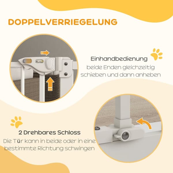 Dörrsäkerhetsgrind för hundar, spärrgrind, 74-87 cm, trappgrind för husdjur, hundgrind inklusive förlängning, skyddsgrind utan borrning, metall, plast