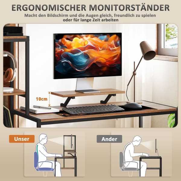 Skrivebordscomputerbord med skærmstativ, CPU-stativ, kontorbord med printerhylde, PC-bord med 4 hylder, moderne design til hjemmekontoret, 150 x 48 x