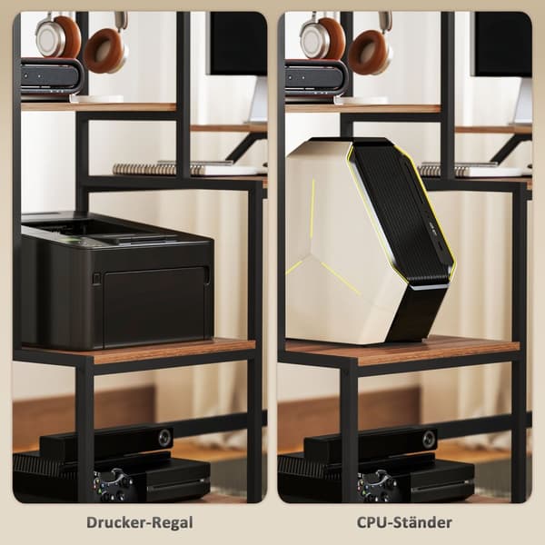 Skrivebordscomputerbord med skærmstativ, CPU-stativ, kontorbord med printerhylde, PC-bord med 4 hylder, moderne design til hjemmekontoret, 150 x 48 x