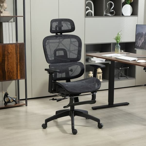 Kontorstol ergonomisk skrivebordsstol med armlener, hodestøtte, korsryggstøtte, høydejusterbar mesh svingstol med vippefunksjon, liggefunksjon, fotstø