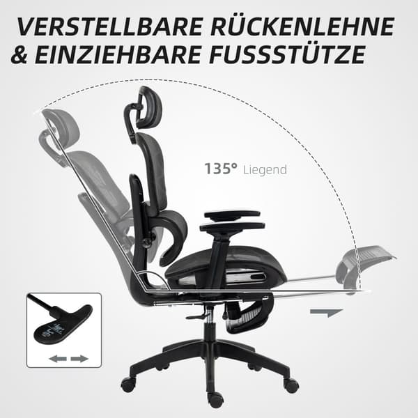 Kontorstol ergonomisk skrivebordsstol med armlener, hodestøtte, korsryggstøtte, høydejusterbar mesh svingstol med vippefunksjon, liggefunksjon, fotstø