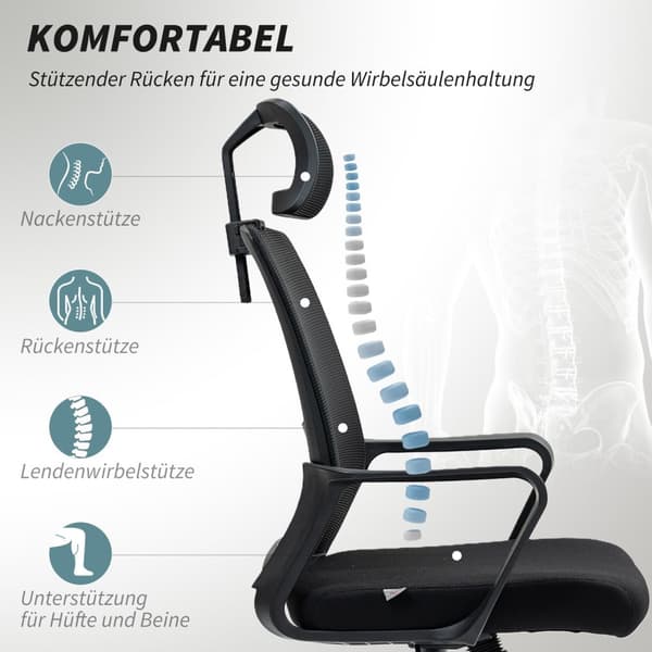Toimistotuoli Ergonominen pöytätuoli käsinojalla, säädettävä niskatuki, korkeussäädettävä verkkotuoli keinutoiminnolla, musta