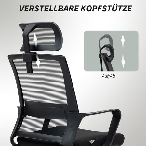 Toimistotuoli Ergonominen pöytätuoli käsinojalla, säädettävä niskatuki, korkeussäädettävä verkkotuoli keinutoiminnolla, musta