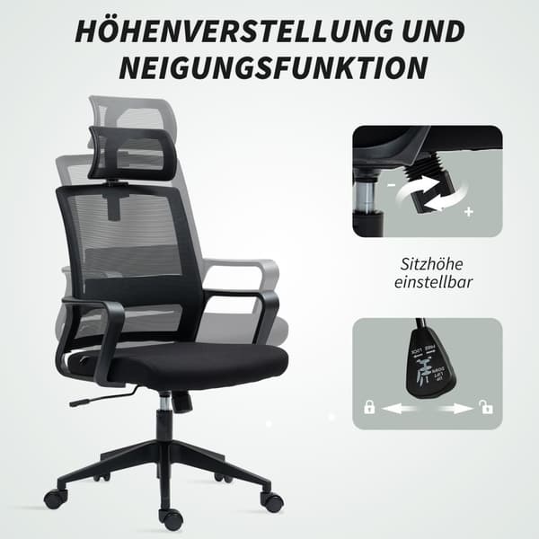 Toimistotuoli Ergonominen pöytätuoli käsinojalla, säädettävä niskatuki, korkeussäädettävä verkkotuoli keinutoiminnolla, musta