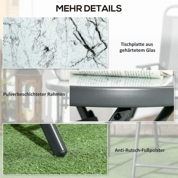 Sammenleggbart sidebord, sammenleggbart bord av glass med marmorlook, lite campingbord, rundt sofabord, balkongbord til balkong, terrasse, stue, konto