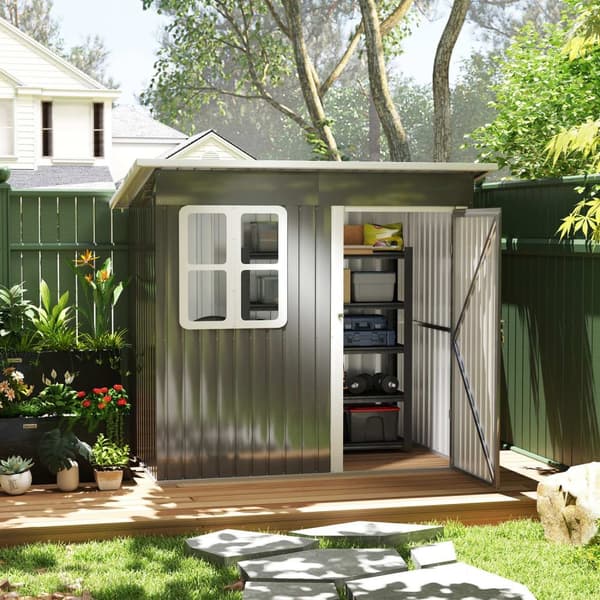 Redskapsbod 2,55m², hagebod med topptak, 221 x 133 x 190/173 cm, redskapsbod med låsbar dør, vindu, sykkelgarasje, hageskap av stål, til bakgård, hage