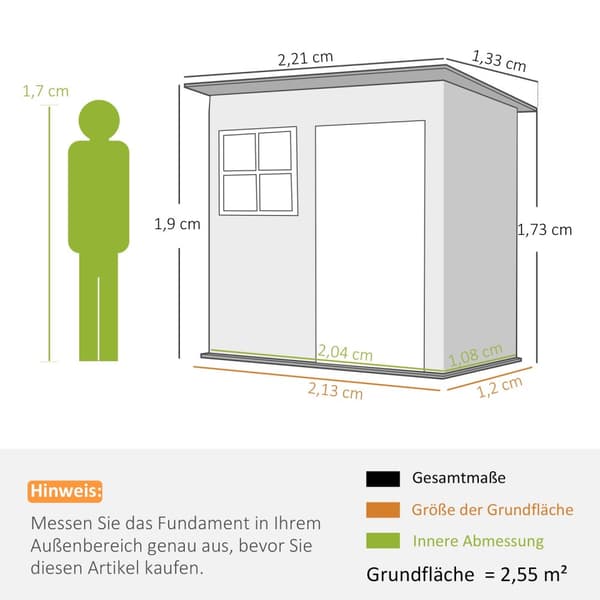 Redskapsbod 2,55m², hagebod med topptak, 221 x 133 x 190/173 cm, redskapsbod med låsbar dør, vindu, sykkelgarasje, hageskap av stål, til bakgård, hage