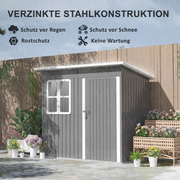 Redskapsbod 2,55m², hagebod med topptak, 221 x 133 x 190/173 cm, redskapsbod med låsbar dør, vindu, sykkelgarasje, hageskap av stål, til bakgård, hage