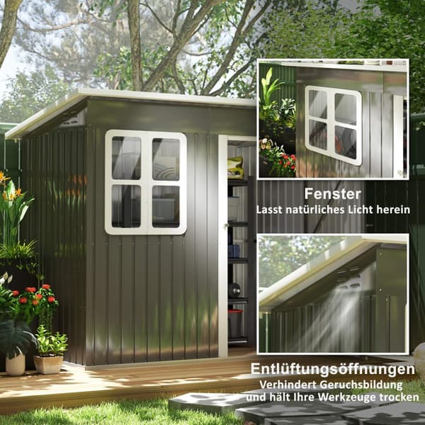 Redskapsbod 2,55m², hagebod med topptak, 221 x 133 x 190/173 cm, redskapsbod med låsbar dør, vindu, sykkelgarasje, hageskap av stål, til bakgård, hage