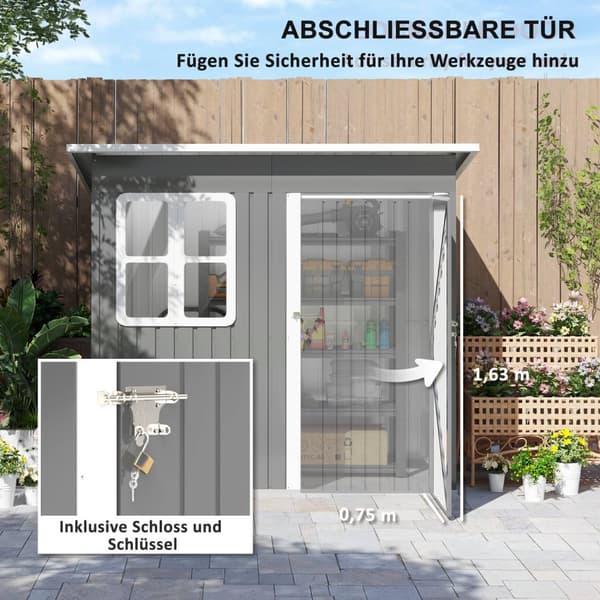 Redskapsbod 2,55m², hagebod med topptak, 221 x 133 x 190/173 cm, redskapsbod med låsbar dør, vindu, sykkelgarasje, hageskap av stål, til bakgård, hage