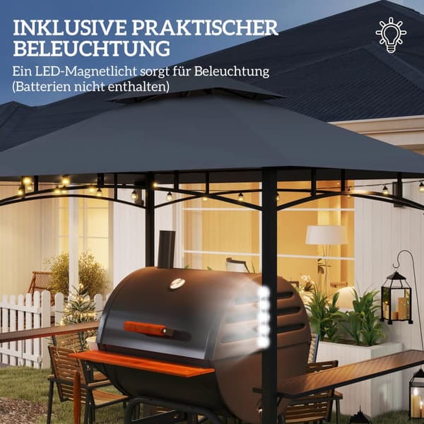 Grillpaviljong med LED 243 x 148 x 248 cm vattentät flamskyddad trädgårdspaviljong med dubbeltak, sidohyllor, lusthus med UV-skydd, BBQ-paviljong av m