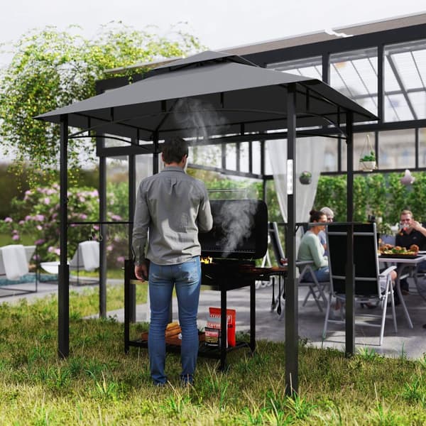 Grillpaviljong med LED 243 x 148 x 248 cm vattentät flamskyddad trädgårdspaviljong med dubbeltak, sidohyllor, lusthus med UV-skydd, BBQ-paviljong av m