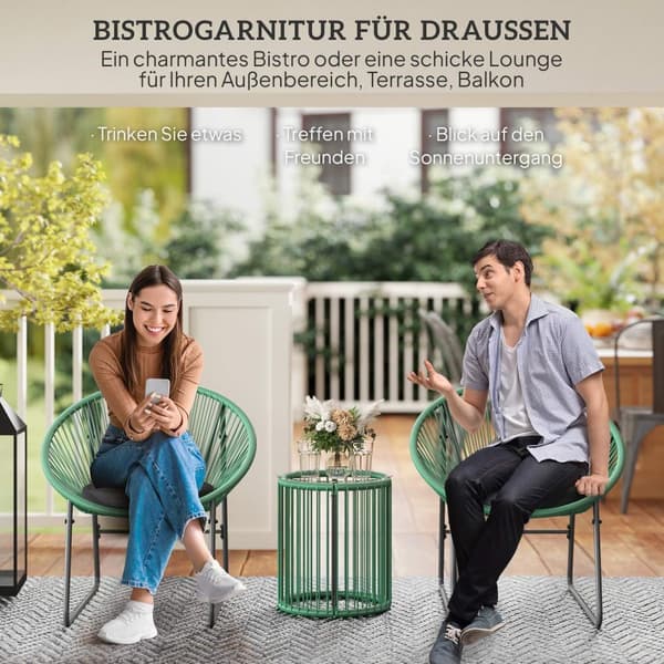 Hagemøbelsett i polyrattan, utestue balkongmøbler for 2 personer, 3-delt sittegruppe med 2 stoler, sidebord, puter, værbestandig hagesalong for hage,