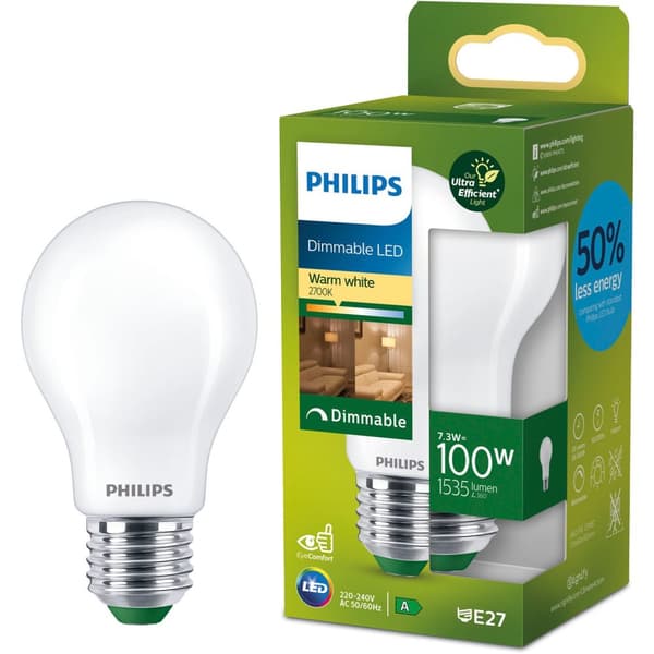 LED E27 Normal A60 7,3W (100W) Frostet 1535lm Dæmpbar 2700K Energiklasse A