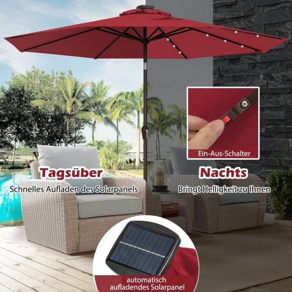 LED-belysning cantilever paraply rund parasol solcelledrevet haveparaply håndsving rød ø 3M