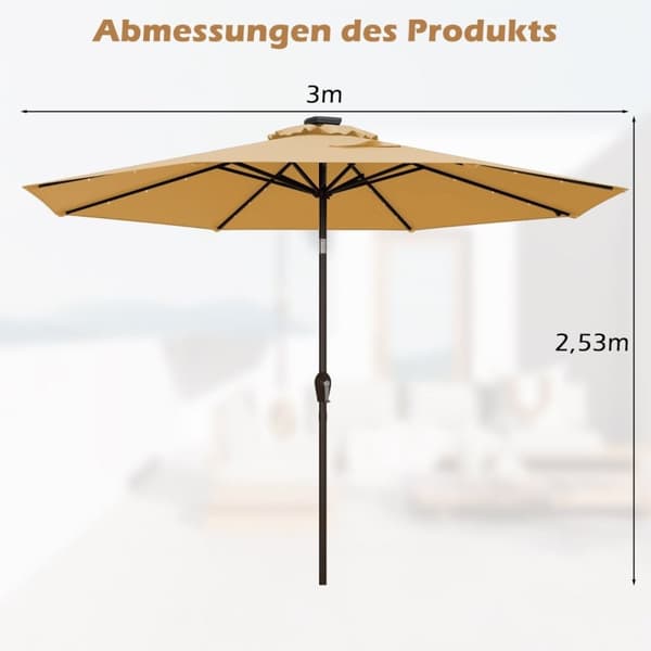LED-belysning utkragende paraply rund parasoll solcelledrevet hageparaply sveiv beige ø 3M