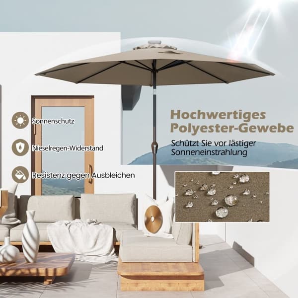 LED-belysning utkragende paraply rund parasoll solcelledrevet hageparaply sveiv brun diameter 3M