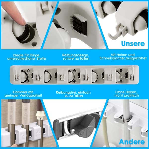 Kosteholder med 6 foldbare kroge & 5 quick release moppeholder, kosteholder, enhedsholder