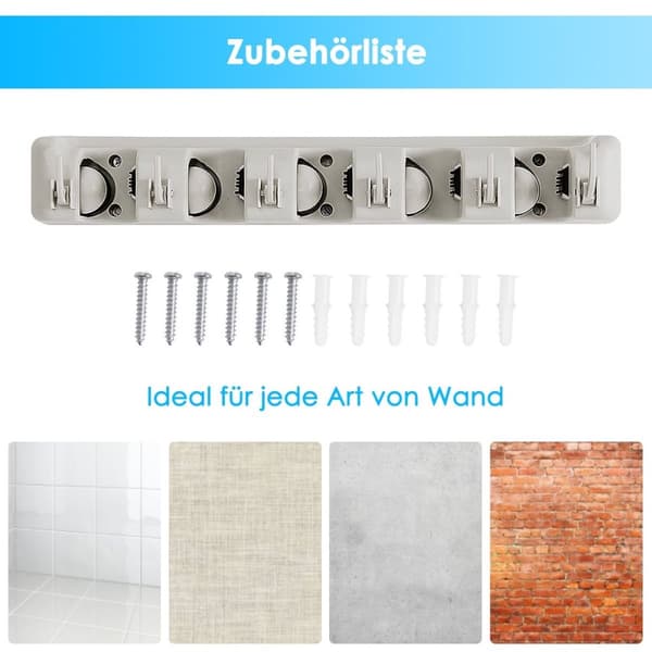 Kosteholder med 6 foldbare kroge & 5 quick release moppeholder, kosteholder, enhedsholder