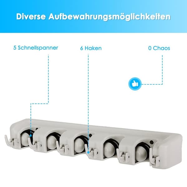 Kosteholder med 6 foldbare kroge & 5 quick release moppeholder, kosteholder, enhedsholder