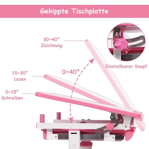 Kallistuva lasten työpöytä, nuorten kirjoituspöytä, pinkki