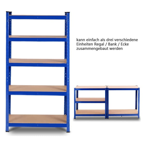 5 nivåer oppbevaringsstativ med metallramme, metallstativ, lastekapasitet opptil 650 kg, 75 x 30 x 150 cm, blå