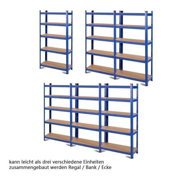 5 nivåer oppbevaringsstativ med metallramme, metallstativ, lastekapasitet opptil 650 kg, 75 x 30 x 150 cm, blå