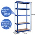 Miniatyrbilde 2 av 5: 5 nivåer oppbevaringsstativ med metallramme, metallstativ, lastekapasitet opptil 650 kg, 75 x 30 x 150 cm, blå